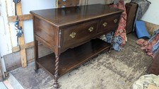 Antique oak long sideboard 2 deep drawers brass handles barley twist pillars ...