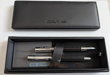 CERRUTI 1881 Ballpoint & Fountain Pen Set Black Leather /Chrome w/ Case