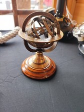 Antique Vintage Brass Armillary Globe Astrolabe Tabletop Sphere With Wooden Base