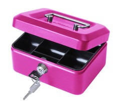 6" inch Small Key Lock Petty Cash / Piggy Bank Money Box Tin Safe Pink Lockable