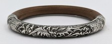 CHINESE ANTIQUE REPOUSSE SILVER & BAMBOO BRACELET BANGLE c1900