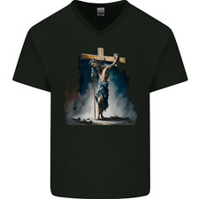 Jesus Christ Carrying His Cross Mens V-Neck Cotton T-Shirt