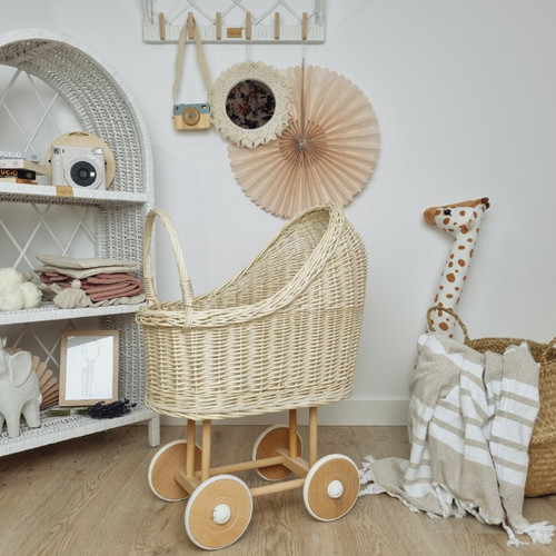 Ecru wicker doll cart - cart,, wooden