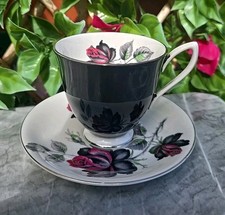 Vintage Royal Albert "Masquerade" Black Gothic Rose Coffee Cup & Saucer 3xH2¾" 