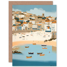 Small Boats in St Ives Bay Coastal Cityscape Travel Birthday Blank Greeting Card