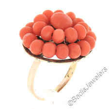 Vintage Russian 14k Yellow Gold Silver Red Coral Bead & Button Wide Cluster Ring