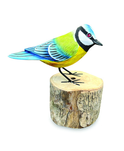Blue tit wooden ornament hand - blue,