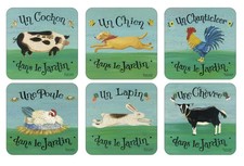 PIMPERNEL, SET OF 6, "DANS LE JARDIN" FRENCH-THEMED CORK-BACKED COASTERS, NEW