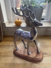 Large Vintage Silver Coloured Metal Reindeer Stag Sculpture on Wood Plinth