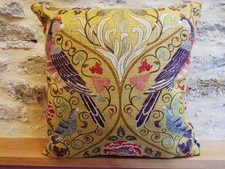 William Morris Seasons by May Birds Linen & Gold Velvet Cushion Cover Sanderson