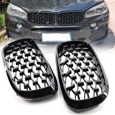 Pair Front Kidney Grill Shiny Black Diamond Meteor Fit for BMW X5 F15 2014-2016