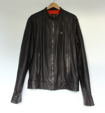 SUPERDRY leather jacket size large brown biker cafe racer motorcycle full zip