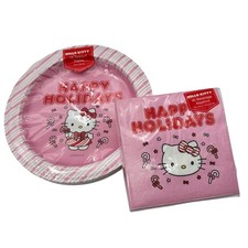 Hello Kitty Dessert Plates and Beverage Napkins - Pink Candy Cane Pattern NWT