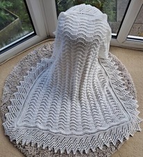Deliciously Soft Hand Knitted Baby Shawl Blanket Natural White 3 ply 38" x 40"