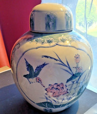 Pink & Green Chinoiserie Ginger Jar, Pink Lotus and Mandarin Ducks Porcelain Lid