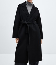 MANGO HANDMADE WOOL BLACK OVERSIZED BELTED LAPEL COLLAR V NECK TAILOR LONG COAT
