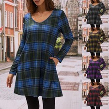 Ladies Long Sleeve Swing Dress Checked Pockets A Line Skater Dress Top SIZE 6-20