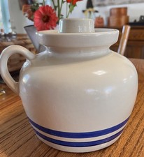 Vtg Robinson Ransbottom Pottery Co Roseville Ohio Lidded Blue Beanpot w/Handles