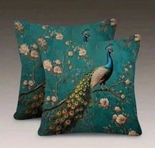 Luxury Peacock Cherry Blossom Velvet Cushion Cover Double-sided 18" Bird Green 