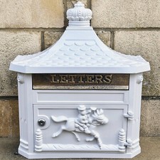 White Post Box English Glossy Metal Victorian Locking Letterbox Mail Wall Mount