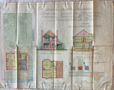Hand Drawn Architect Linen Drawing Coloured House Cornwall Ave Blackpool 1930's