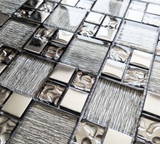 Luxury Silver Chrome Metal & Foil Glass Grey Square Mosaic Wall Tiles 30 x 30cm
