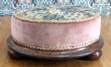 Victorian Antique Mahogany Needlepoint Cushion Footstool Bun Feet 19th Century
