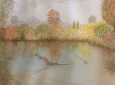Signed Original Watercolour Landscape Painting Lake + Mallard Duck + 3 Ducklings