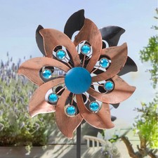 Copper & Turquoise Twin Wheel Metal Wind Garden Spinner Stake Windmill Ornament