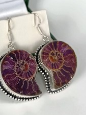 Vintage 1990-s  Extra Large Purple Fossil Sterling Silver Drop Earrings - Heavy