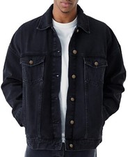 Mens Oversized Black Denim Wash Jacket Classic Style 100% Cotton
