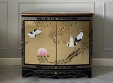 Oriental Chinese Gold Leaf 2 Door Cabinet with Hand Painted Cranes Design
