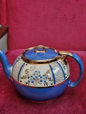 vintage brown betty teapot in blue & gold very large with locking lid