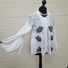 Odd Molly Shirt Blouse Size 3 Smock Top Cotton Embroidered Flared Sleeves White