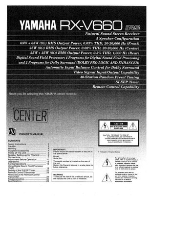 Yamaha v660 receiver owners - rx-v660,