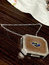 Circa 1900 Ornate Makeup  Compact / Wristlet Silver Tone Leather Outside