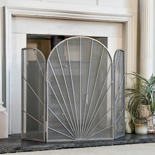 Silver "Art Deco" Three-Fold Fire Guard Fireplace Spark Screen