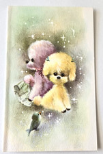 Vintage Greeting Card Cute Pink and Yellow Poodles with Bird