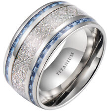 Mens 10mm Meteorite Inlay Titanium Wedding Band Ring With Blue Carbon Fiber ✅ UK