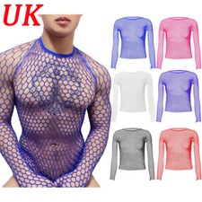 UK Mens Sexy Mesh See-Through Fishnet T-Shirt Long Sleeve Muscle Undershirt Top