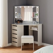 Corner Dressing Table Set Makeup Desk LED Light Drawers Mirror Stool Dresser