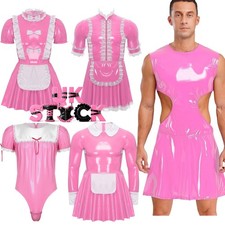 Mens Shiny Metallic PVC Leather Bodysuit Sissy Maid Dress Cosplay Costume Outfit