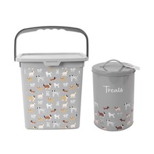 Dog Food Bin And Treat Tin Container Grey Illustrated Pet Feeding Set