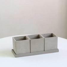 Concrete Square Planter Plant Pot Set with Tray – 3-Piece Herb & Succulent
