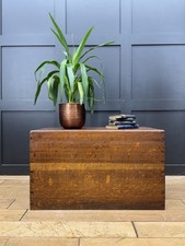 Antique Oak Box Trunk Chest Coffee Table Storage Brass Handles Campaign Style