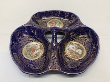 Vintage Cobalt Blue & Gold Empire Ware Divided Dish England Cameos Handle