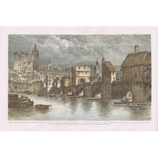 NEWCASTLE The Old Bridge over the Tyne Colour - Antique Print 1887