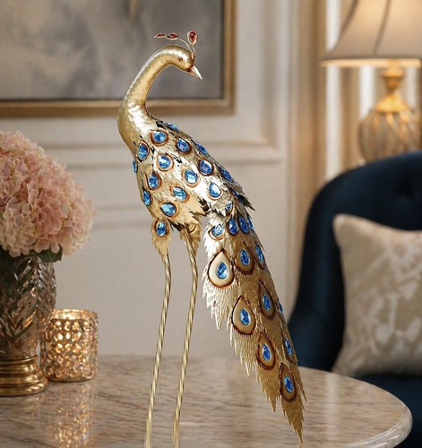 Gold peacock garden ornament - garden,