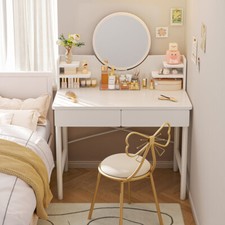 2 Drawers Dressing Table w/ Mirror Women Dressing Makeup Desk Vanity Table Desk