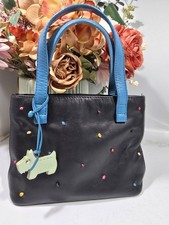 Radley London 🐕 Mini Black Blue Leather Vintage Knot Grab Hand Bag & Charm Vgc